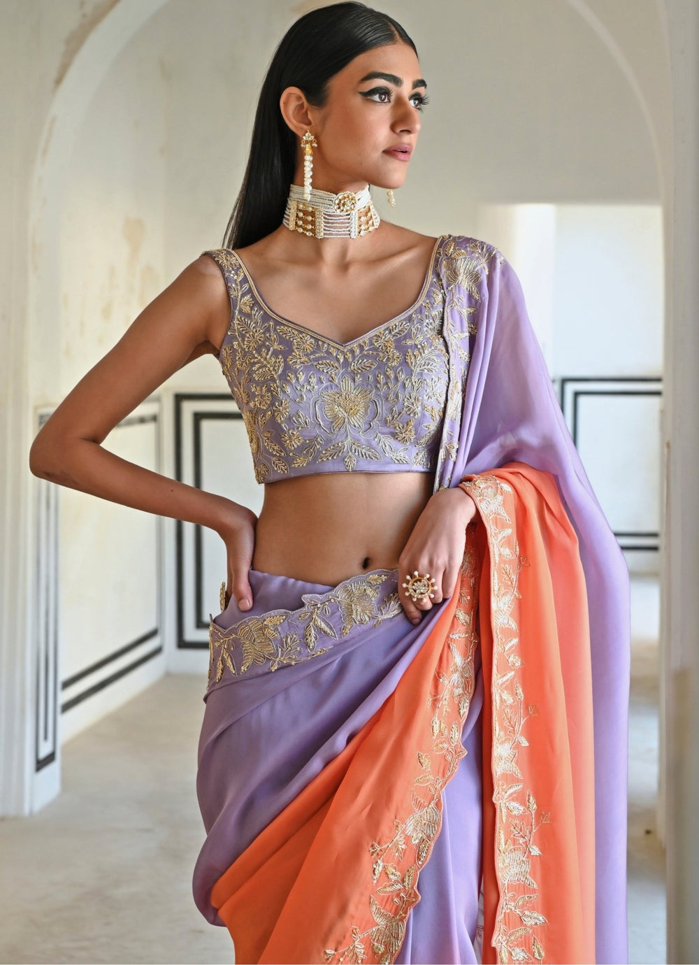 Lilac And Orange Ombre Organza Embroidered Saree Set Ease - Fabilicious Fashion
