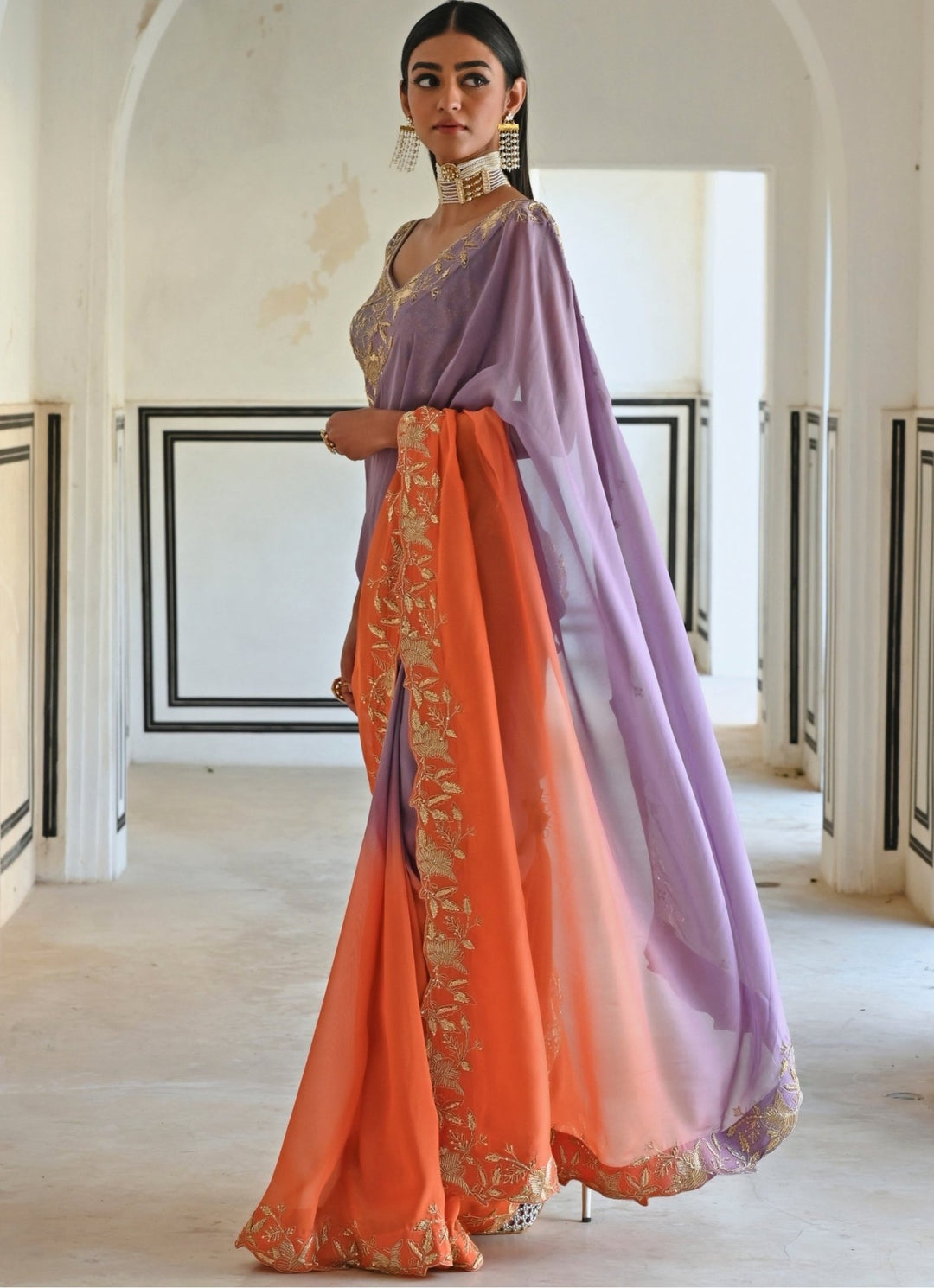 Lilac And Orange Ombre Organza Embroidered Saree Set Ease - Fabilicious Fashion