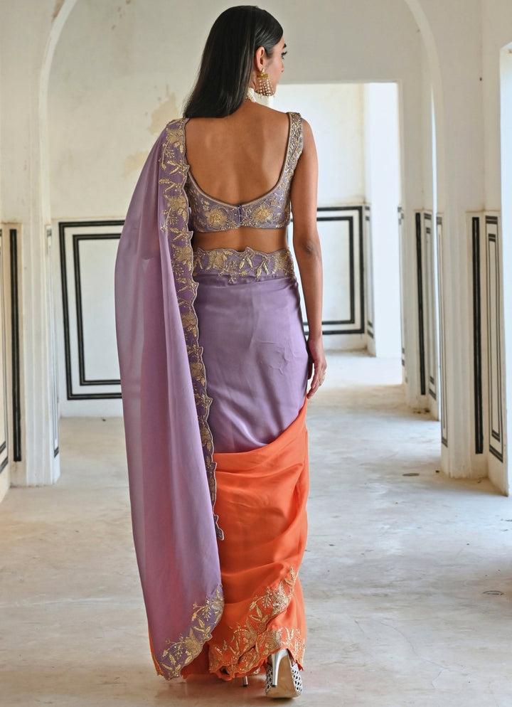 Lilac And Orange Ombre Organza Embroidered Saree Set Ease - Fabilicious Fashion
