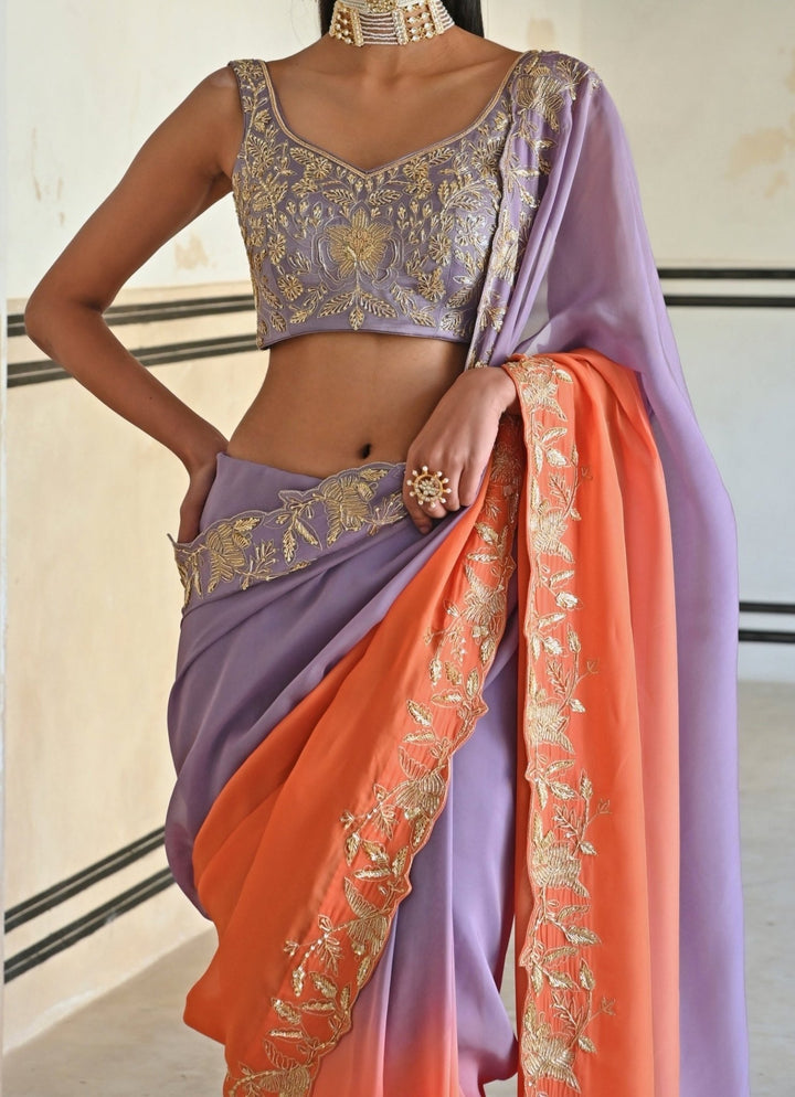Lilac And Orange Ombre Organza Embroidered Saree Set Ease - Fabilicious Fashion