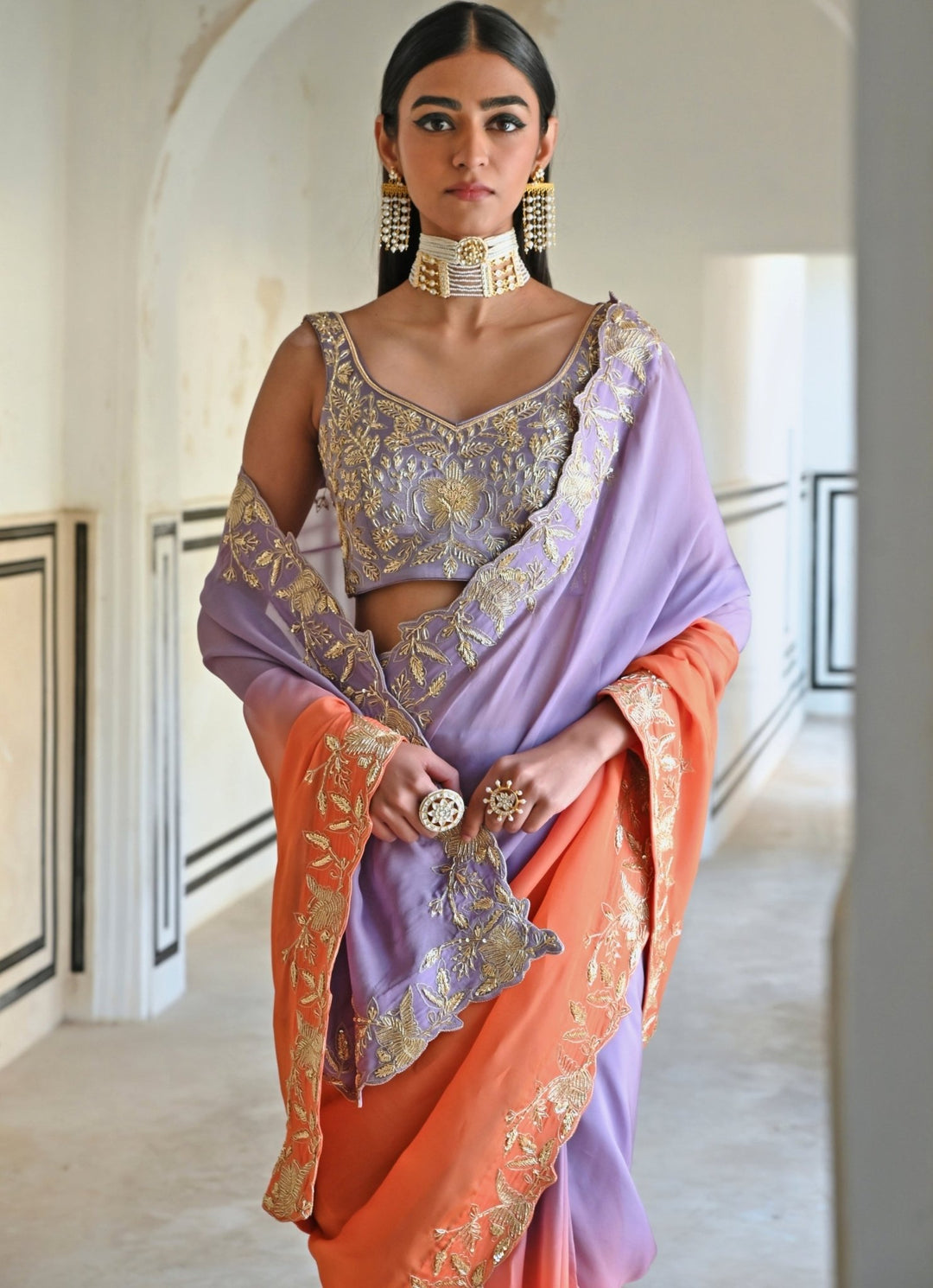 Lilac And Orange Ombre Organza Embroidered Saree Set Ease - Fabilicious Fashion