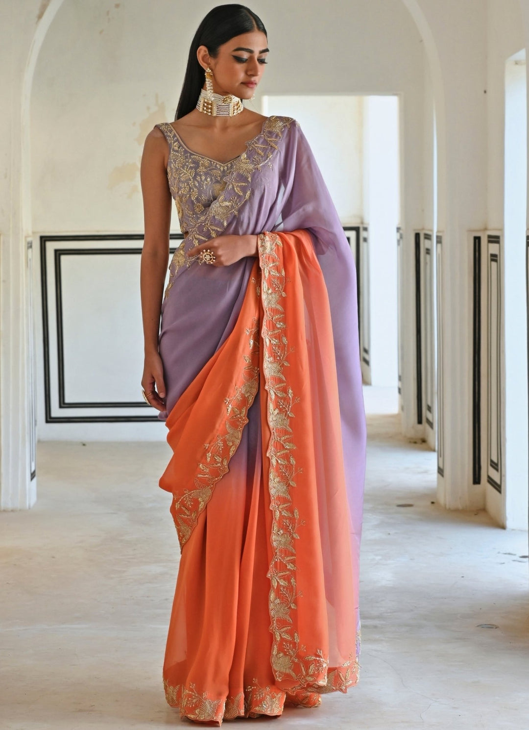 Lilac And Orange Ombre Organza Embroidered Saree Set Ease - Fabilicious Fashion