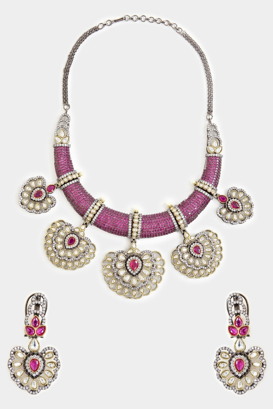 Lilac And Pink Beaded Kundan Style Necklace Set Vivinia By Vidhi Mehra - Fabilicious Fashion