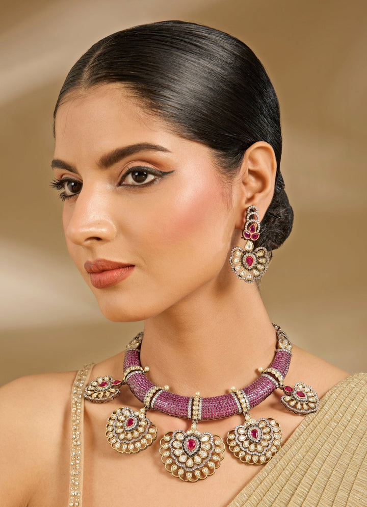 Lilac And Pink Beaded Kundan Style Necklace Set Vivinia By Vidhi Mehra - Fabilicious Fashion