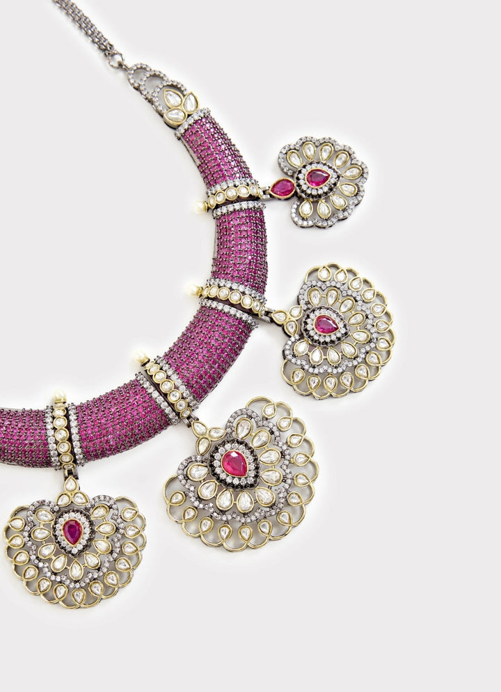 Lilac And Pink Beaded Kundan Style Necklace Set Vivinia By Vidhi Mehra - Fabilicious Fashion