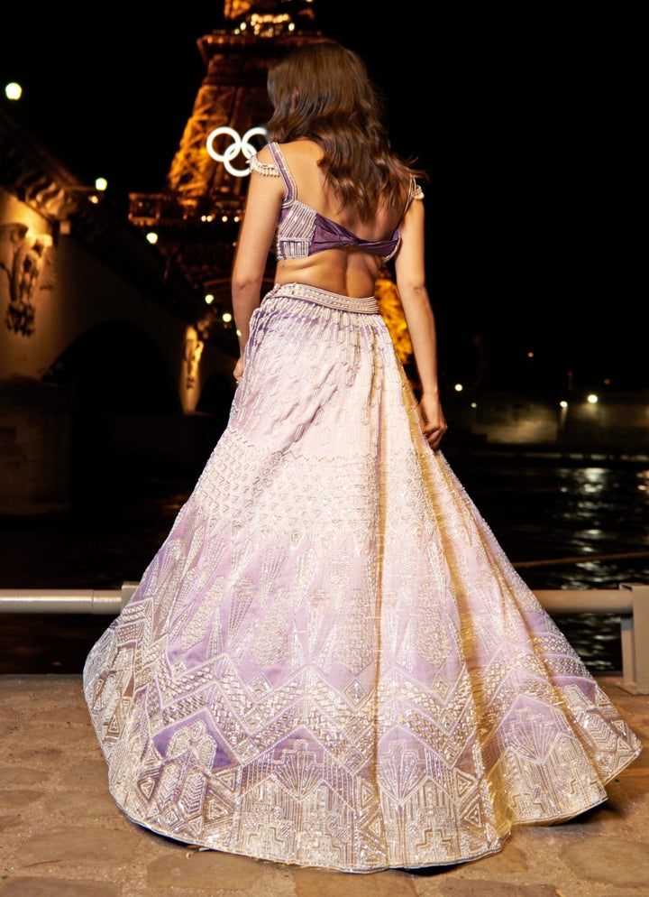 Lilac And Violet Ombre Embroidered Satin Lehenga Set Jigar and Nikita - Fabilicious Fashion
