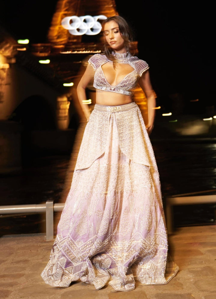 Lilac And Violet Ombre Embroidered Satin Lehenga Set Jigar and Nikita - Fabilicious Fashion