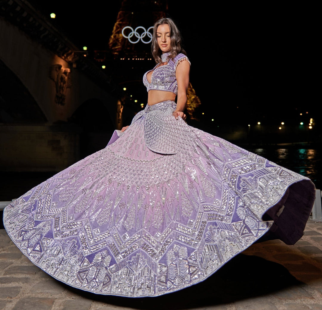 Lilac And Violet Ombre Embroidered Satin Lehenga Set Jigar and Nikita - Fabilicious Fashion