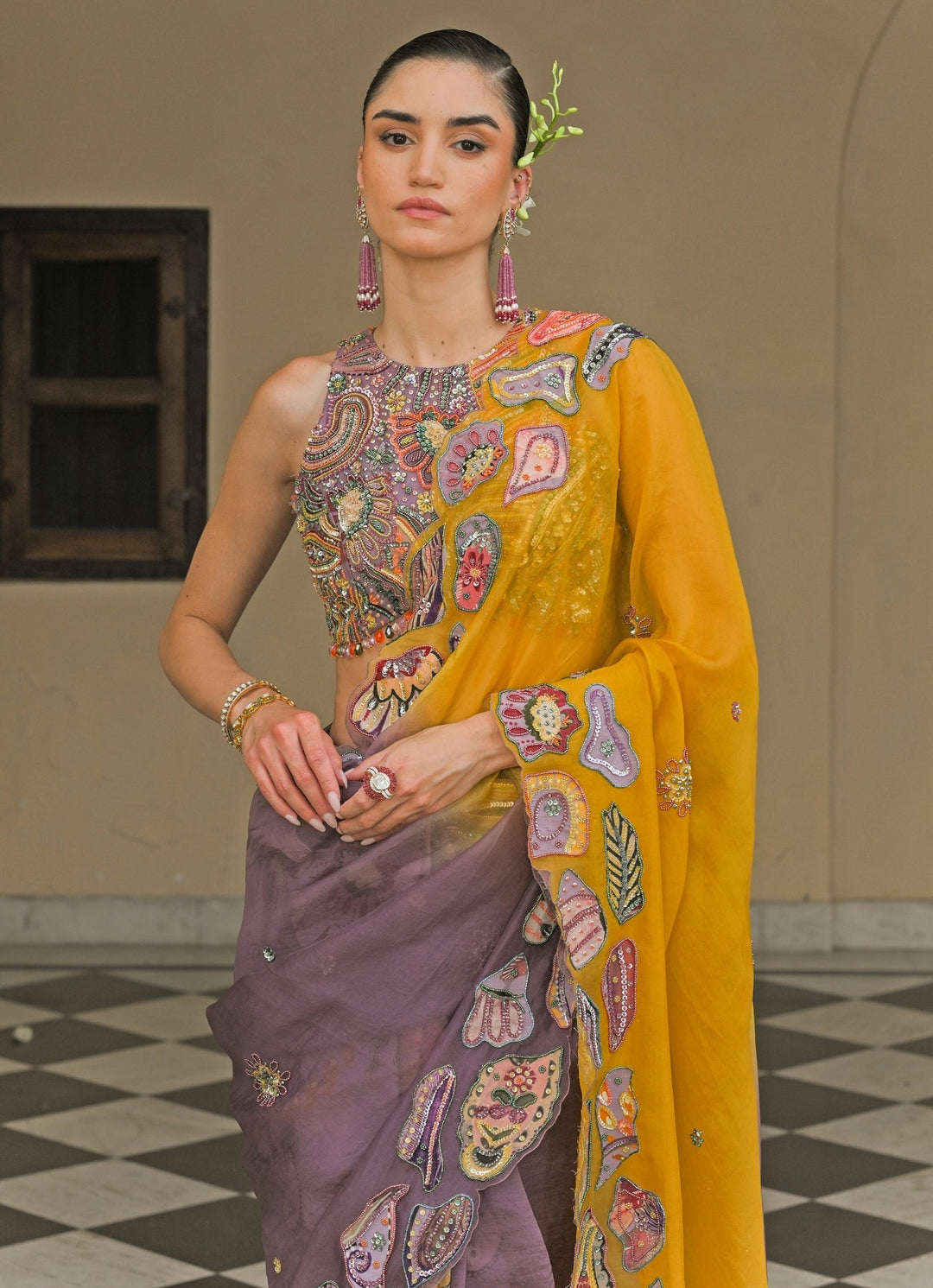 Juhi Bengani Lilac And Yellow Organza SareeFabilicious Fashion