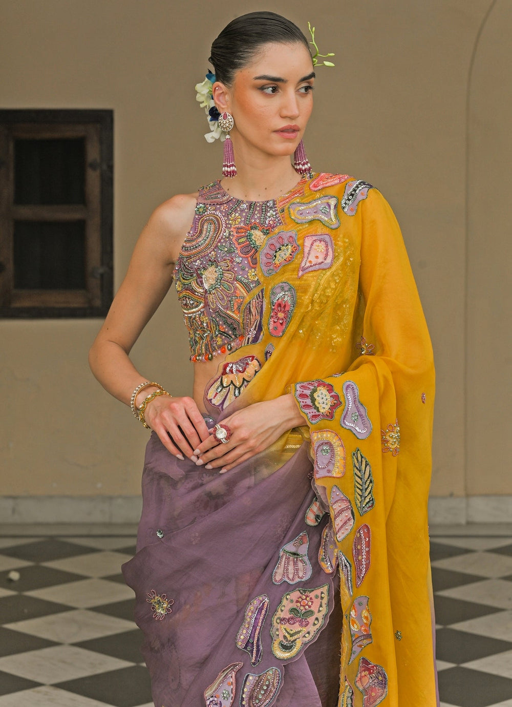 Juhi Bengani Lilac And Yellow Organza SareeFabilicious Fashion