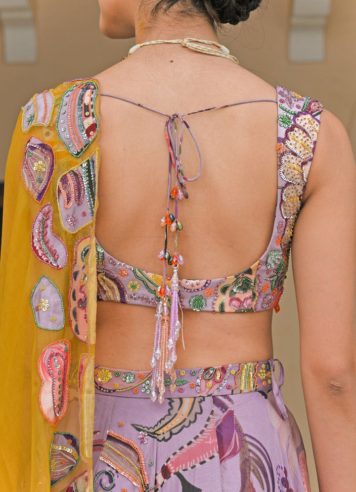 Juhi Bengani Lilac And Yellow Printed Organza Lehenga SetFabilicious Fashion
