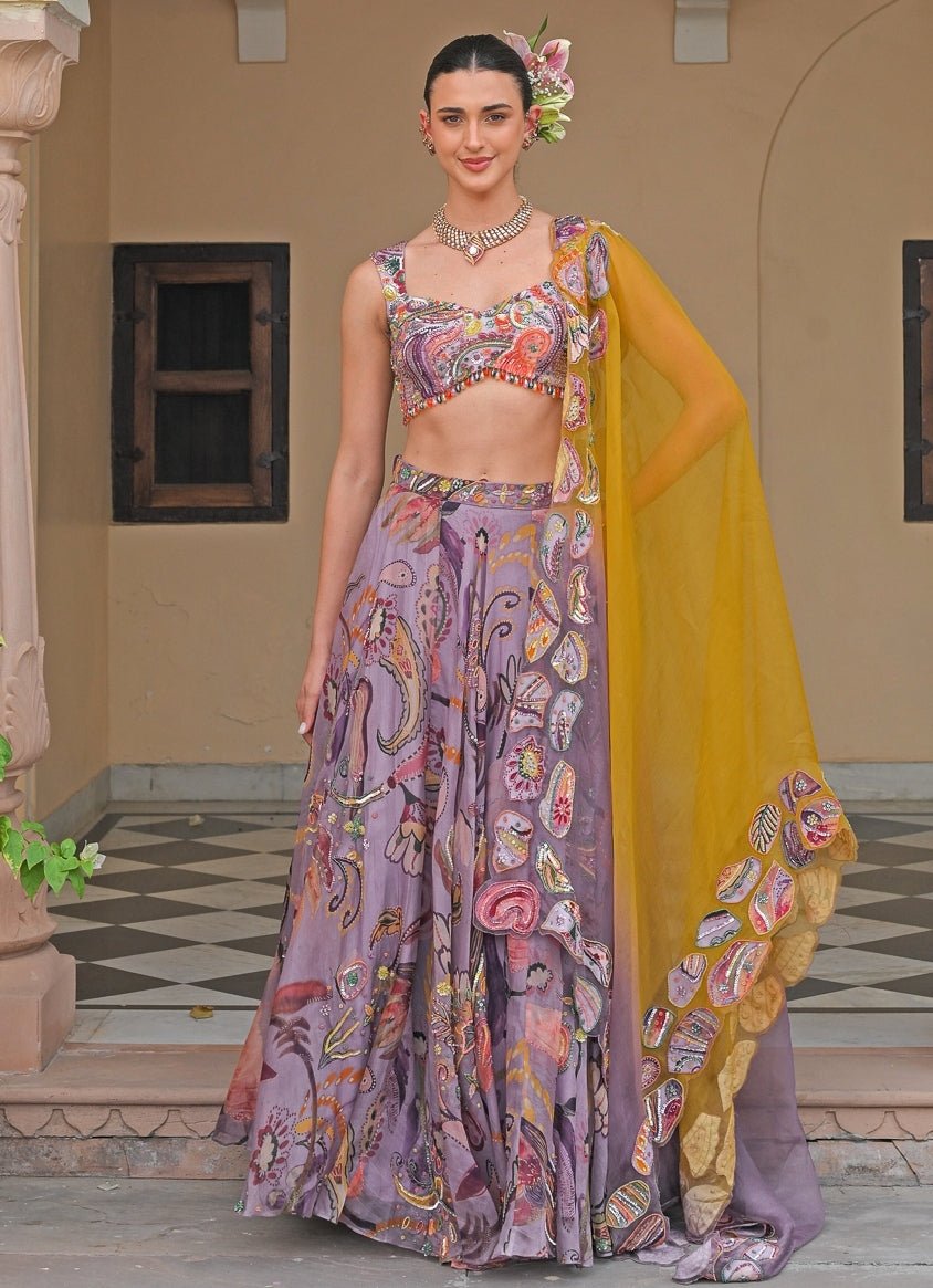 Lilac And Yellow Printed Organza Lehenga Set Juhi Bengani - Fabilicious Fashion