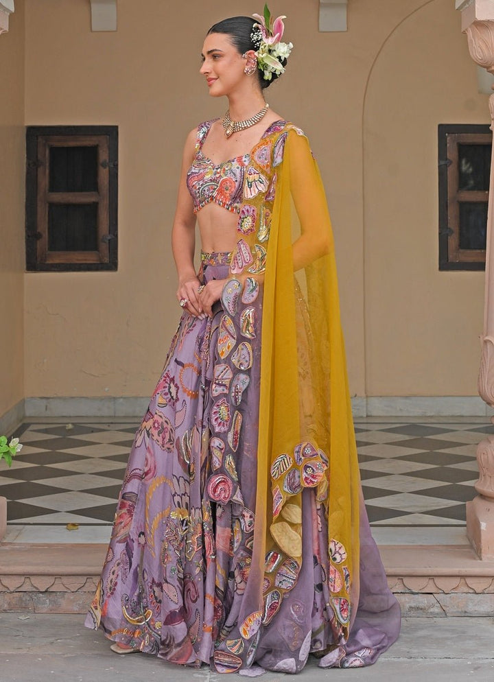 Juhi Bengani Lilac And Yellow Printed Organza Lehenga SetFabilicious Fashion