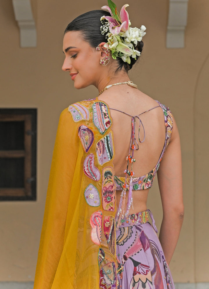 Juhi Bengani Lilac And Yellow Printed Organza Lehenga SetFabilicious Fashion