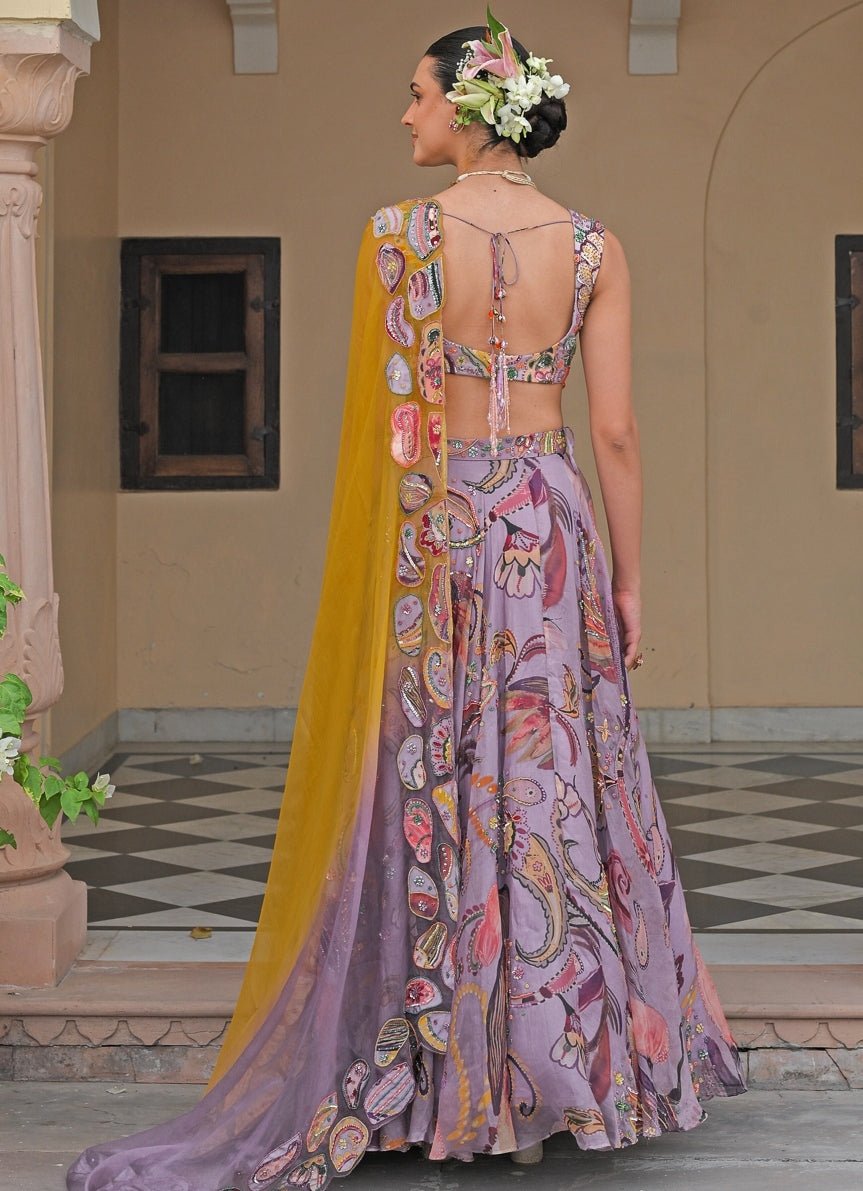 Juhi Bengani Lilac And Yellow Printed Organza Lehenga SetFabilicious Fashion