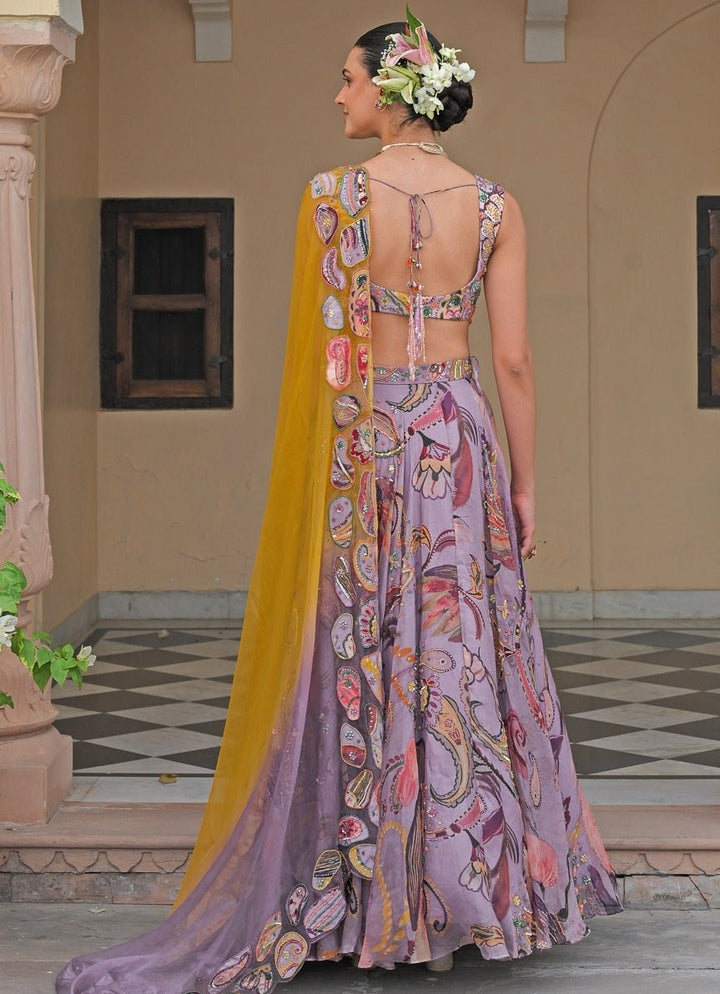 Juhi Bengani Lilac And Yellow Printed Organza Lehenga SetFabilicious Fashion