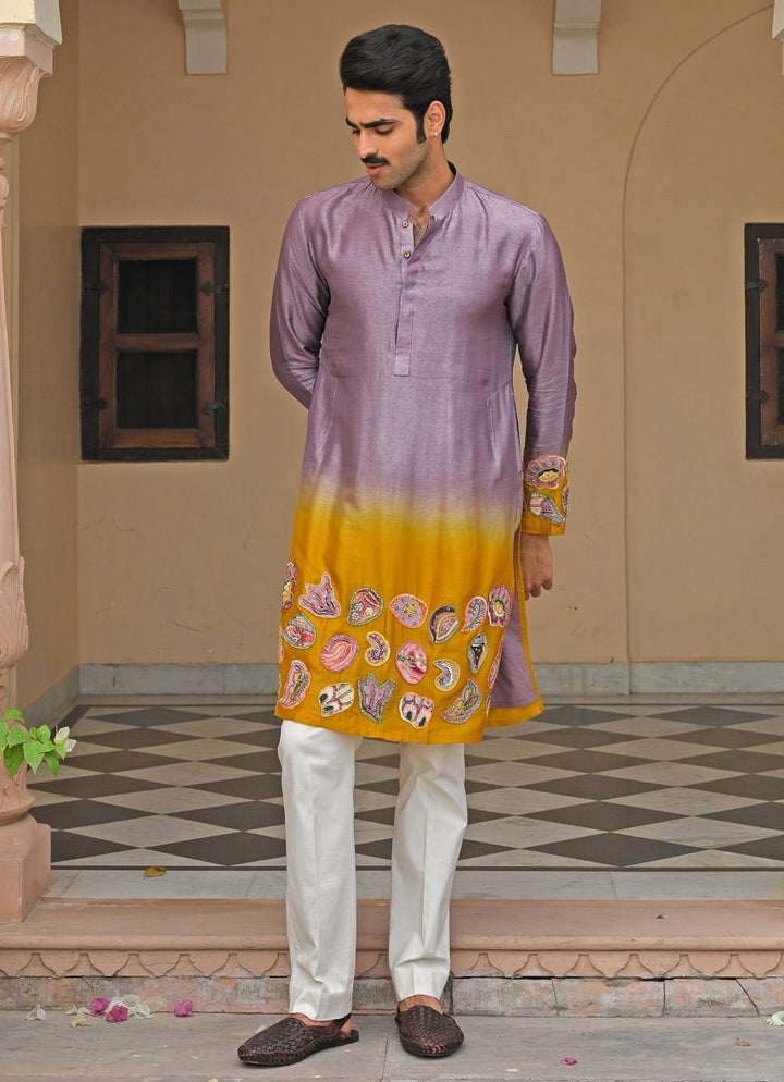 Juhi Bengani - Men Lilac and Yellow Shaded Silk Kurta Pants SetFabilicious Fashion