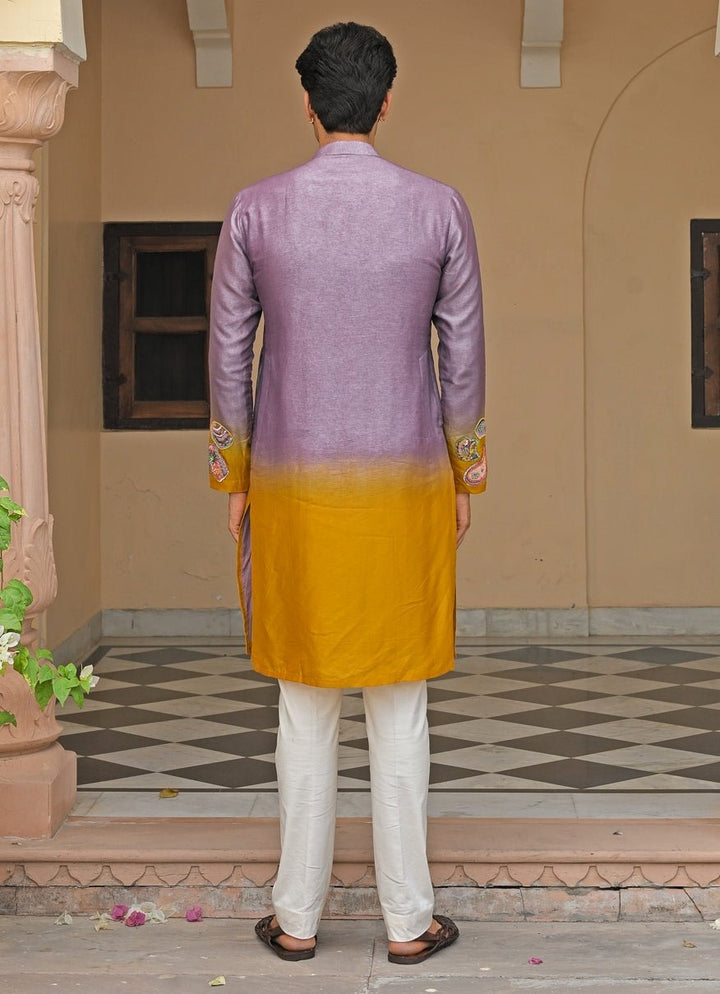 Juhi Bengani - Men Lilac and Yellow Shaded Silk Kurta Pants SetFabilicious Fashion