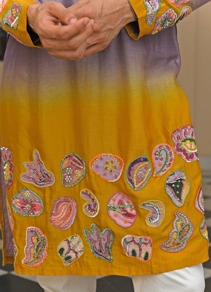 Juhi Bengani - Men Lilac and Yellow Shaded Silk Kurta Pants SetFabilicious Fashion