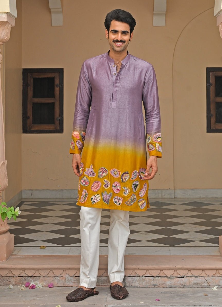 Juhi Bengani - Men Lilac and Yellow Shaded Silk KurtaFabilicious Fashion