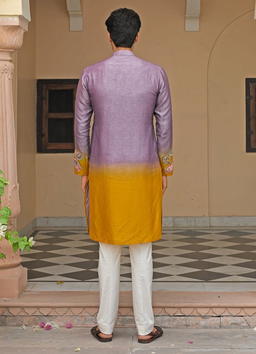 Juhi Bengani - Men Lilac and Yellow Shaded Silk KurtaFabilicious Fashion