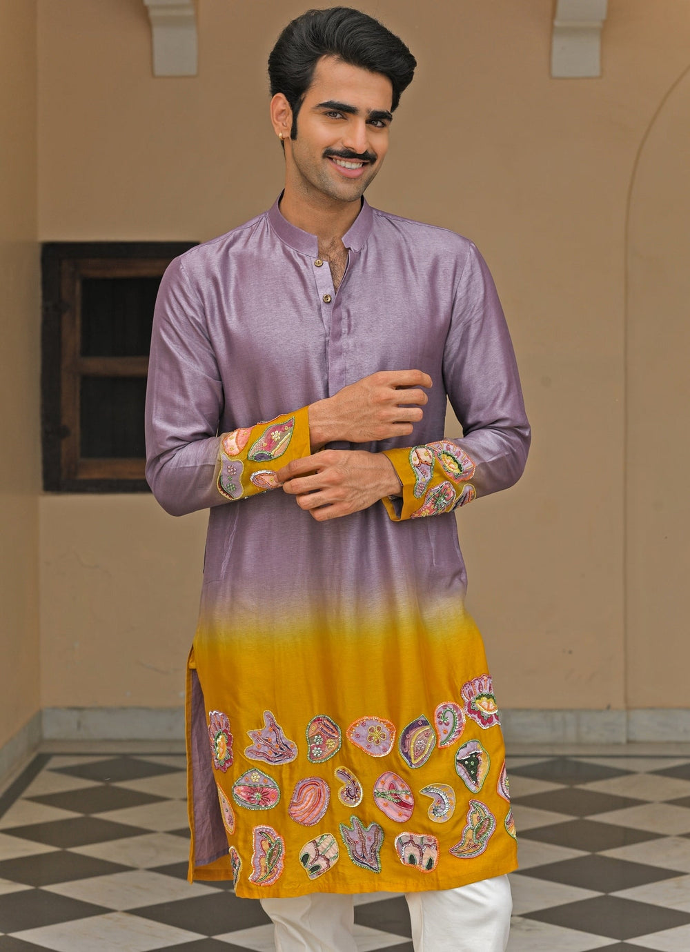 Juhi Bengani - Men Lilac and Yellow Shaded Silk KurtaFabilicious Fashion