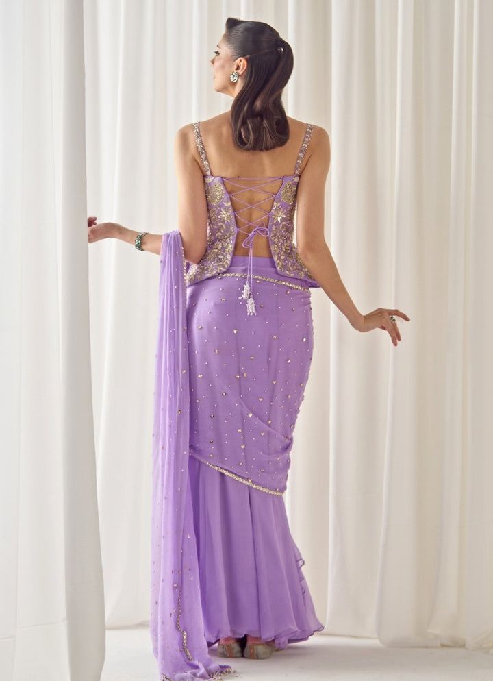 Sanya Gulati Lilac Chiffon Pre - Draped Saree With CorsetFabilicious Fashion