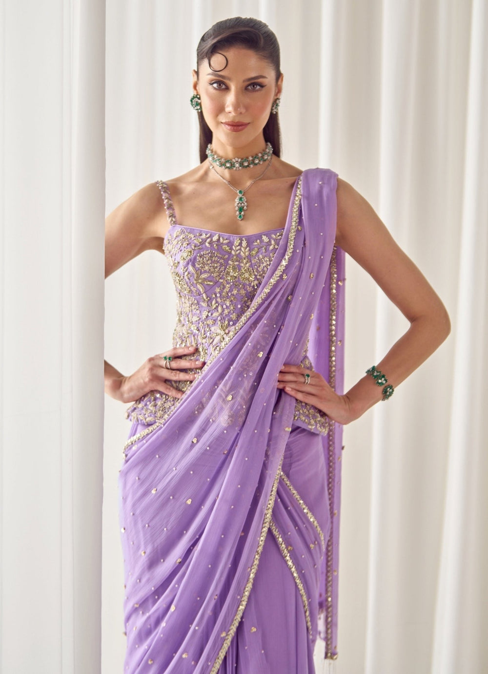 Sanya Gulati Lilac Chiffon Pre - Draped Saree With CorsetFabilicious Fashion