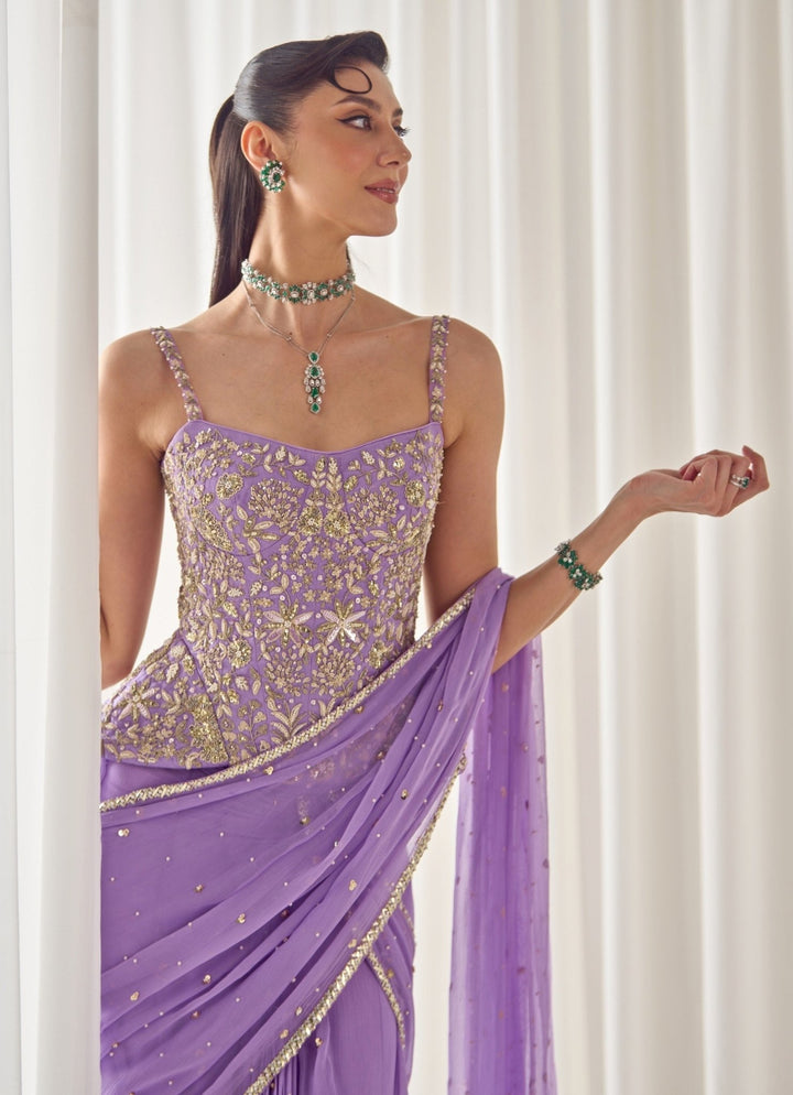 Sanya Gulati Lilac Chiffon Pre - Draped Saree With CorsetFabilicious Fashion