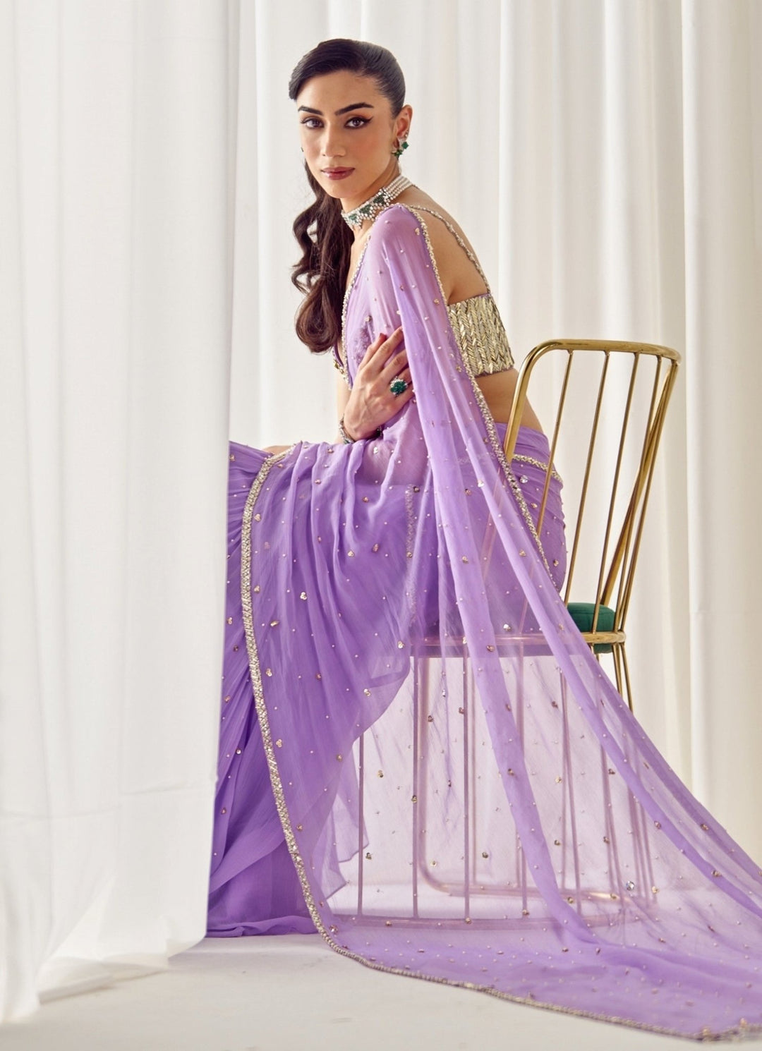Sanya Gulati Lilac and Gold Chiffon Pre - Draped SareeFabilicious Fashion