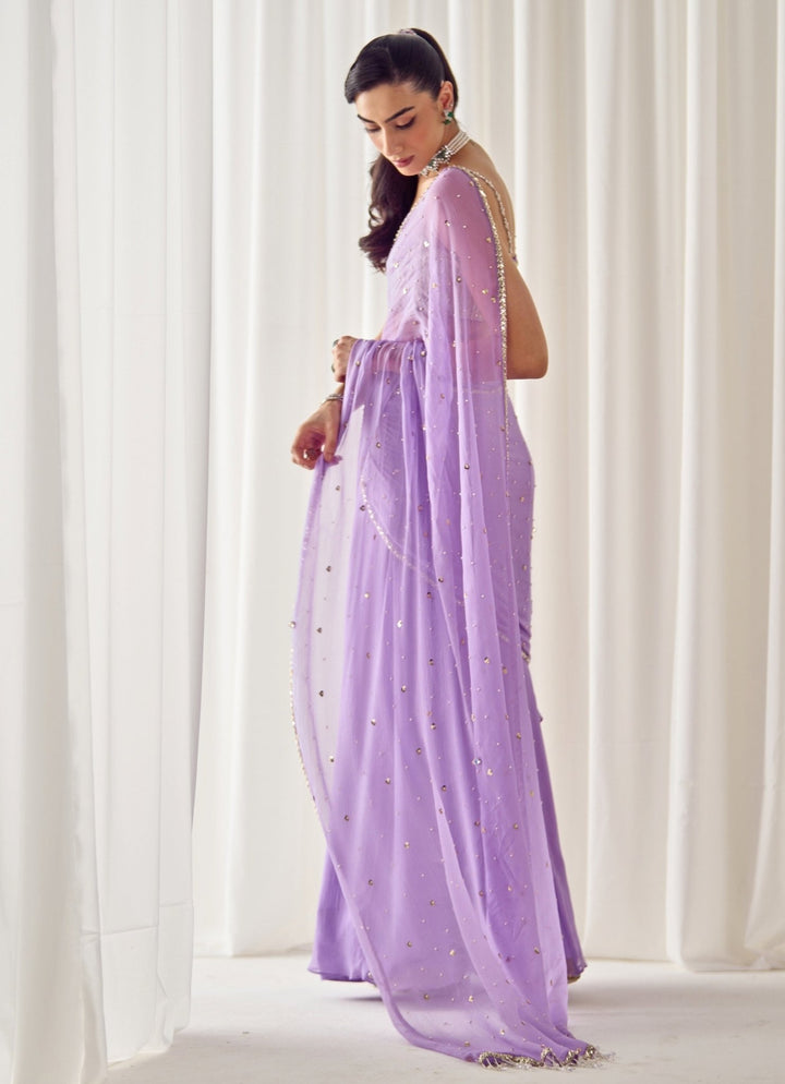 Sanya Gulati Lilac and Gold Chiffon Pre - Draped SareeFabilicious Fashion
