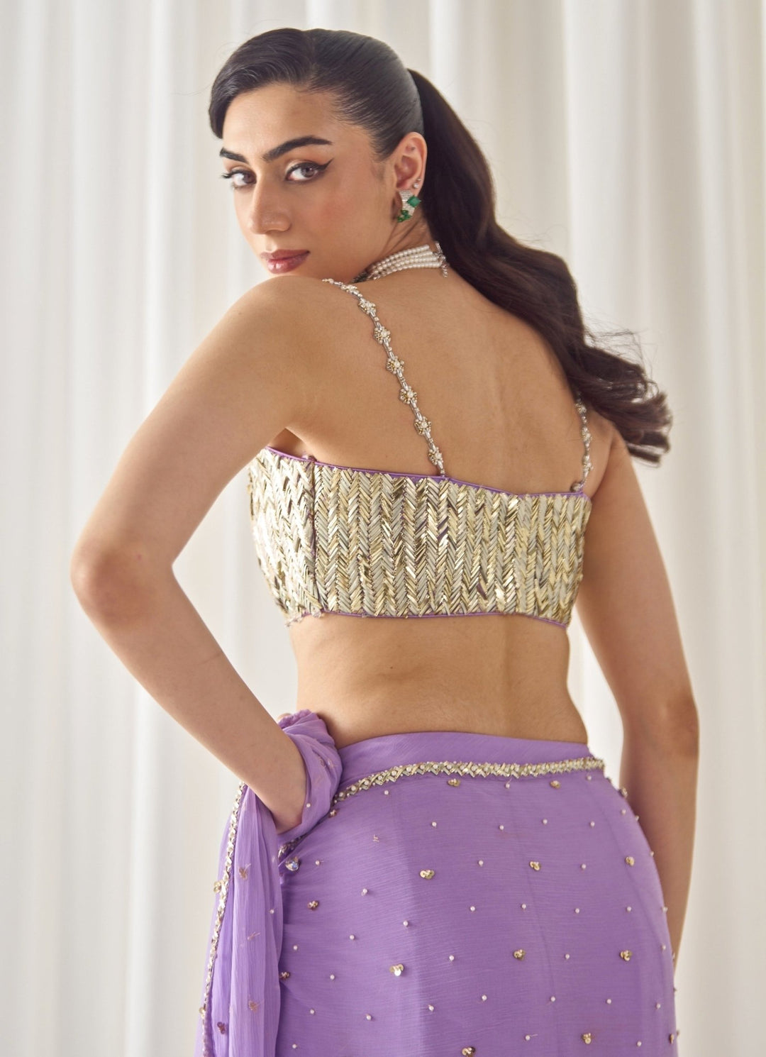 Sanya Gulati Lilac and Gold Chiffon Pre - Draped SareeFabilicious Fashion
