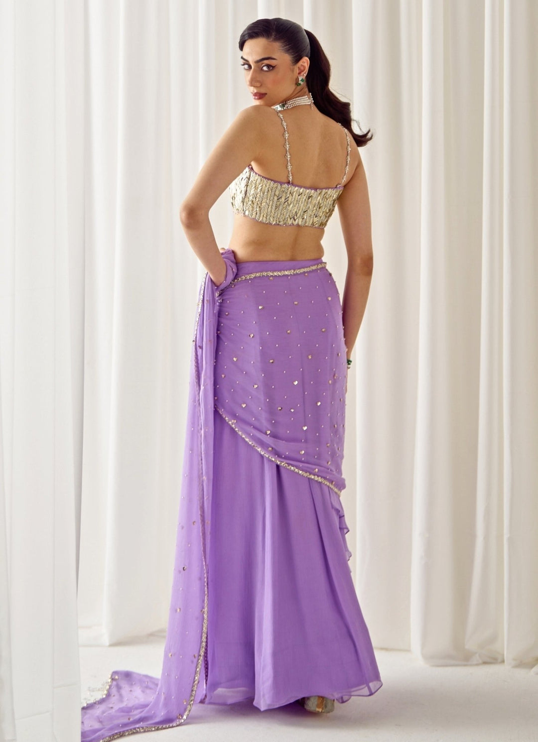 Sanya Gulati Lilac and Gold Chiffon Pre - Draped SareeFabilicious Fashion