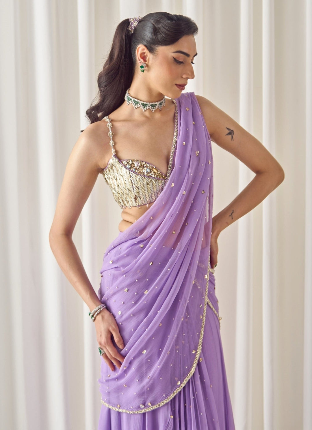 Sanya Gulati Lilac and Gold Chiffon Pre - Draped SareeFabilicious Fashion