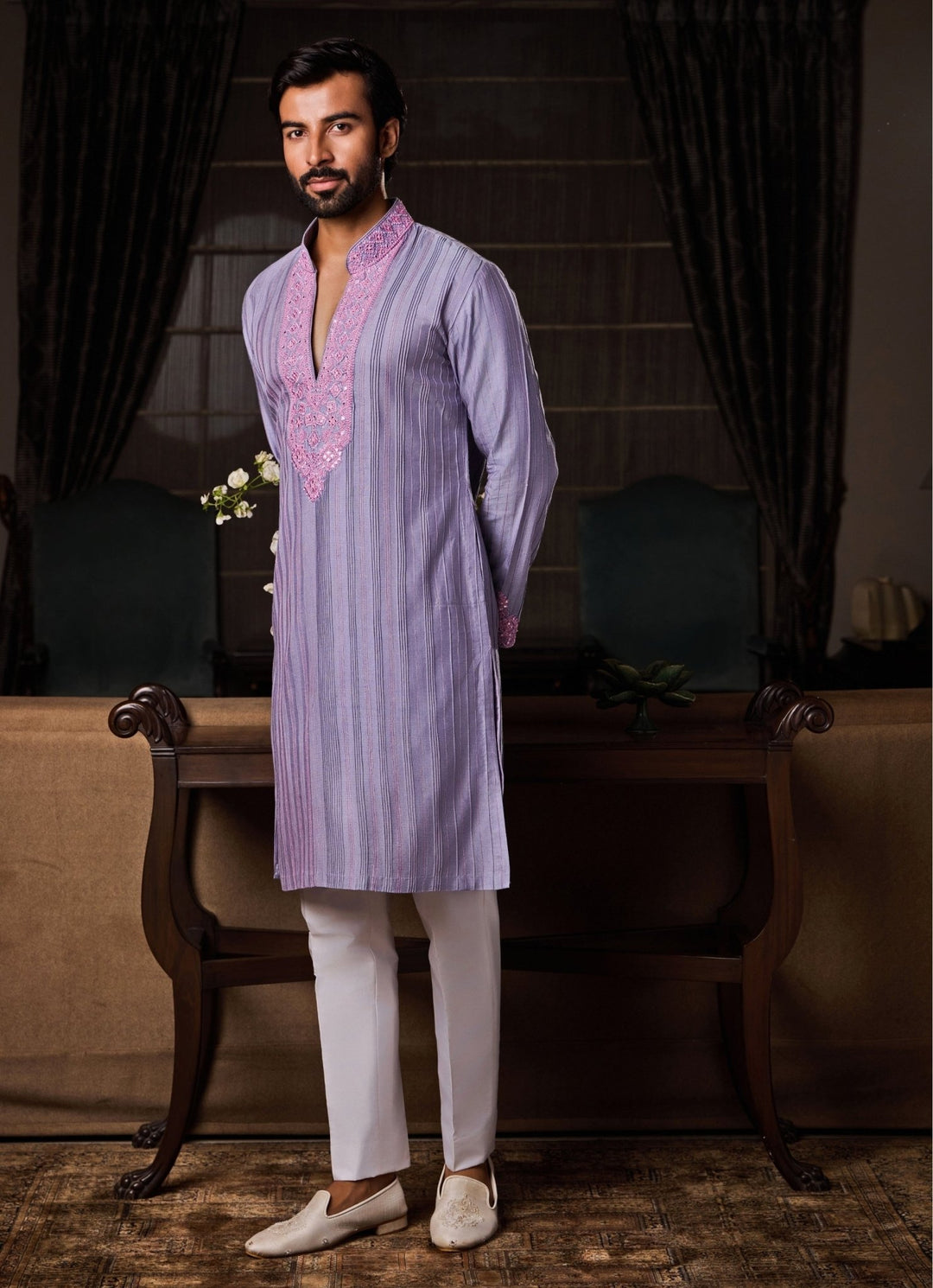 Lilac Cotton Silk Kurta Set Nitika Gujral - Men - Fabilicious Fashion