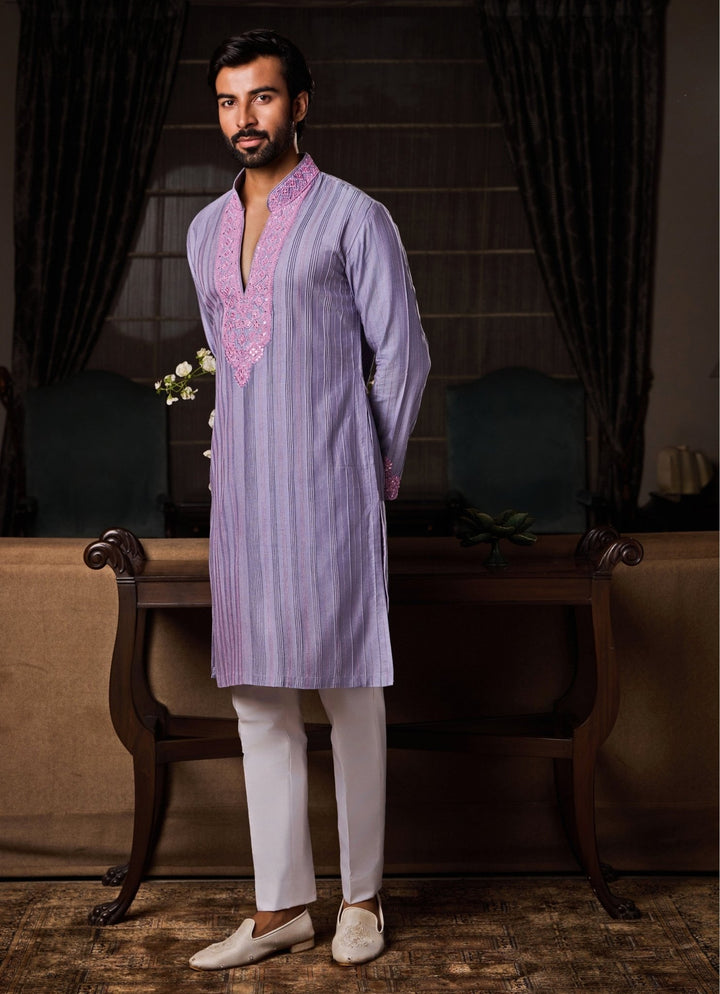 Lilac Cotton Silk Kurta Set Nitika Gujral - Men - Fabilicious Fashion