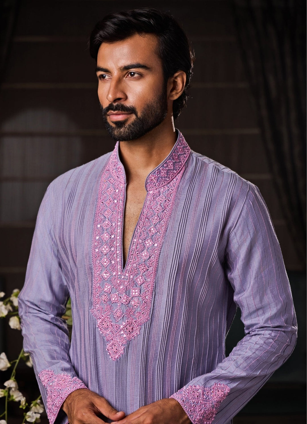 Lilac Cotton Silk Kurta Set Nitika Gujral - Men - Fabilicious Fashion