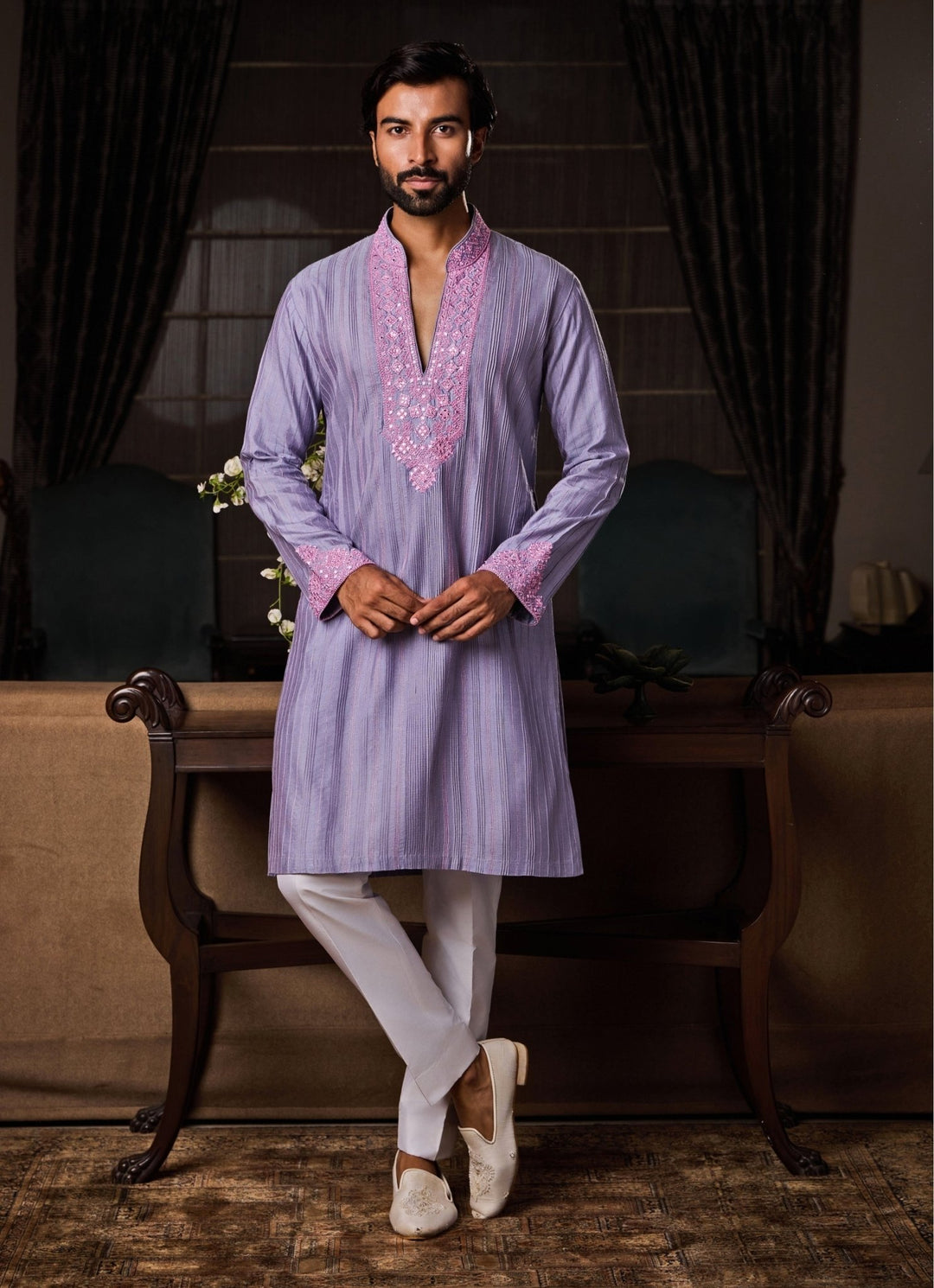 Lilac Cotton Silk Kurta Set Nitika Gujral - Men - Fabilicious Fashion