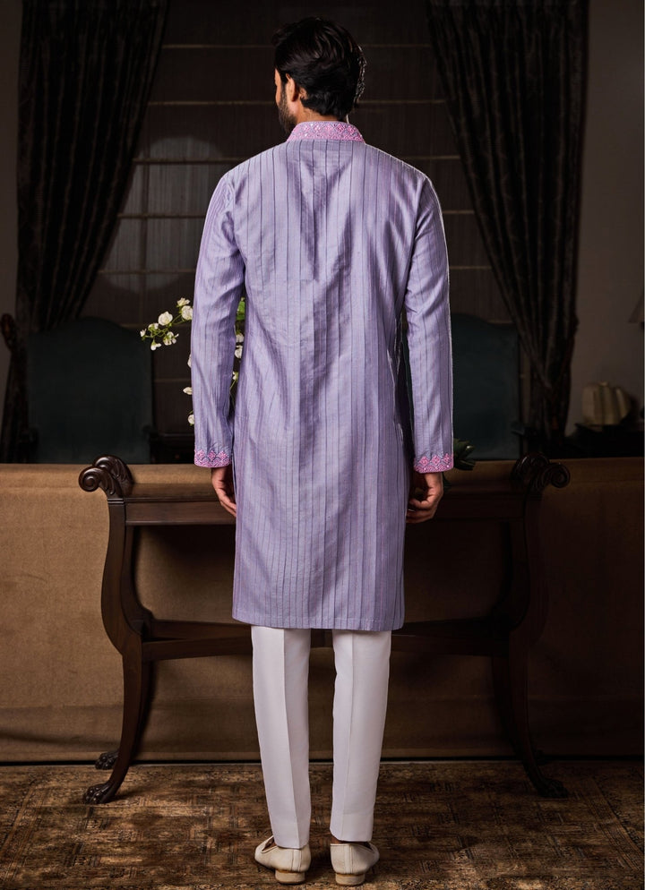 Lilac Cotton Silk Kurta Set Nitika Gujral - Men - Fabilicious Fashion