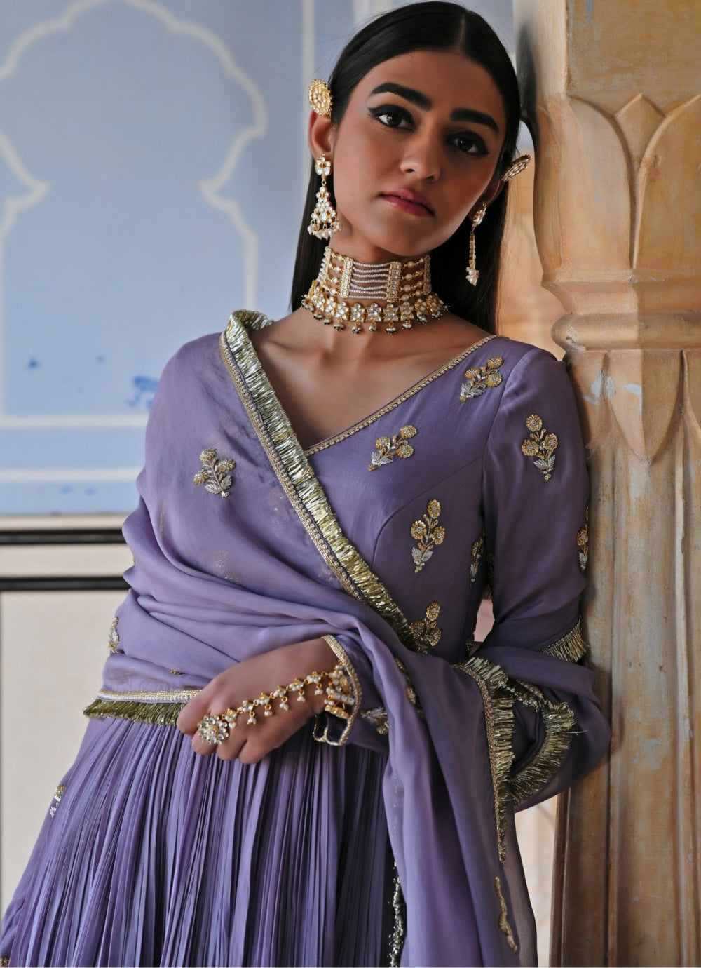 Lilac Crepe Embroidered Floor - Length Anarkali With Dupatta Ease - Fabilicious Fashion