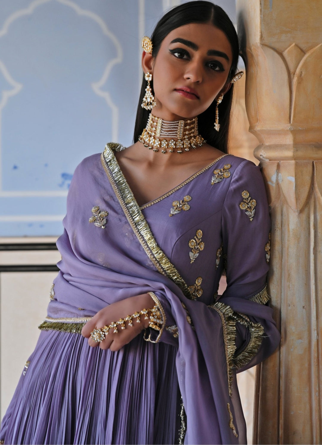 Lilac Crepe Embroidered Floor - Length Anarkali With Dupatta Ease - Fabilicious Fashion