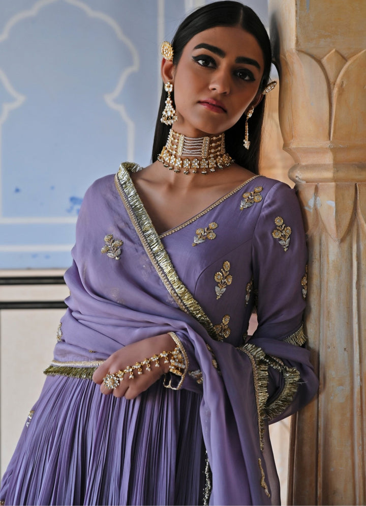 Lilac Crepe Embroidered Floor - Length Anarkali With Dupatta Ease - Fabilicious Fashion