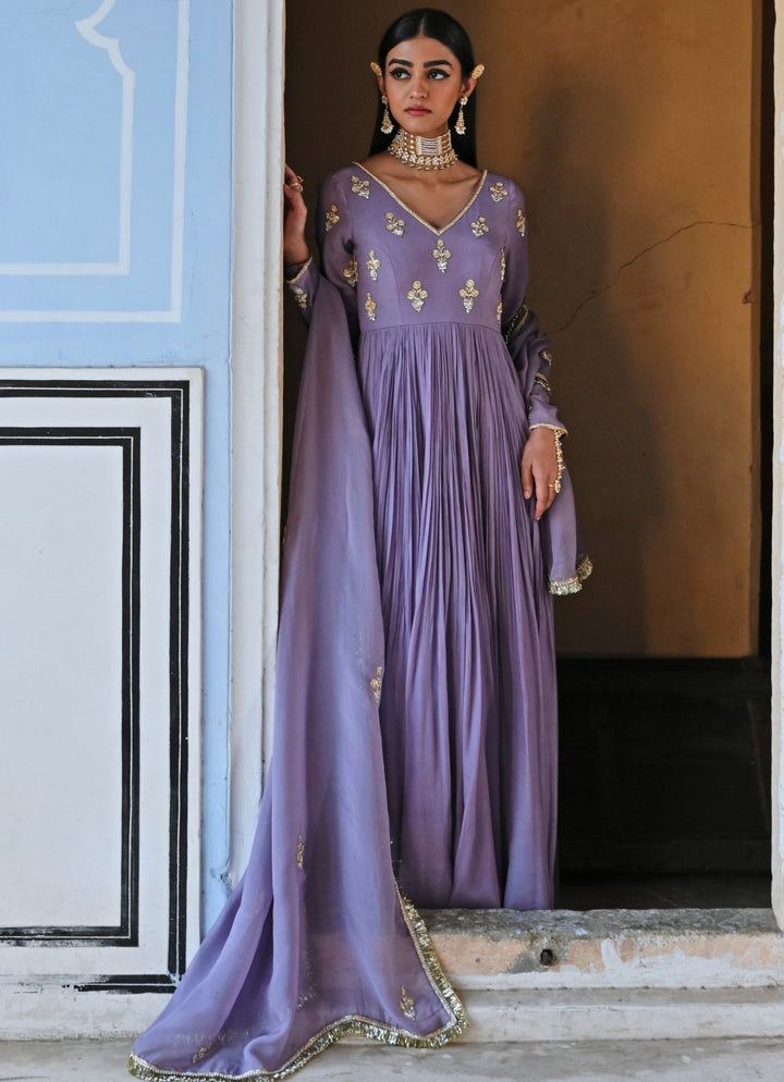 Lilac Crepe Embroidered Floor - Length Anarkali With Dupatta Ease - Fabilicious Fashion