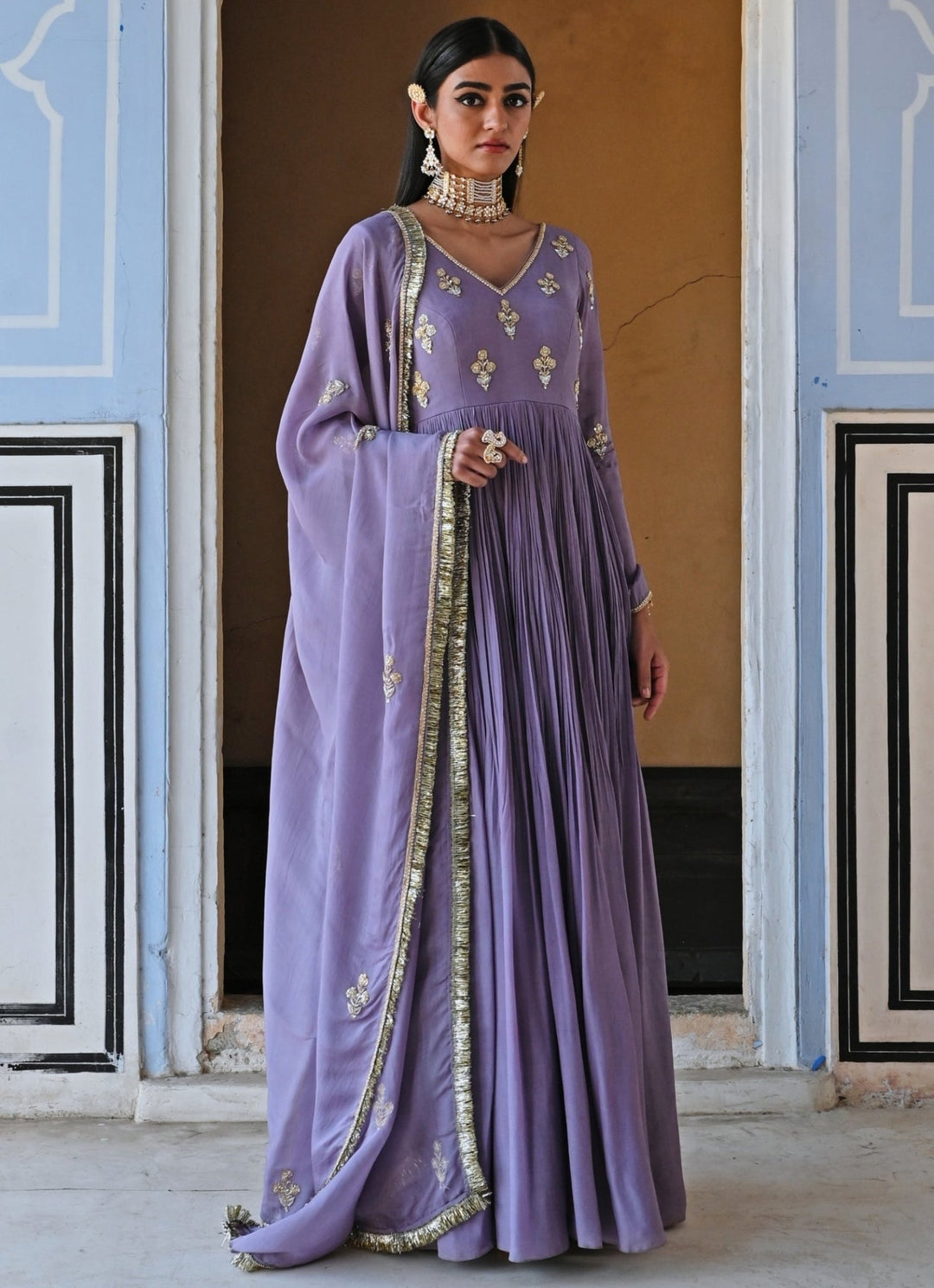 Lilac Crepe Embroidered Floor - Length Anarkali With Dupatta Ease - Fabilicious Fashion
