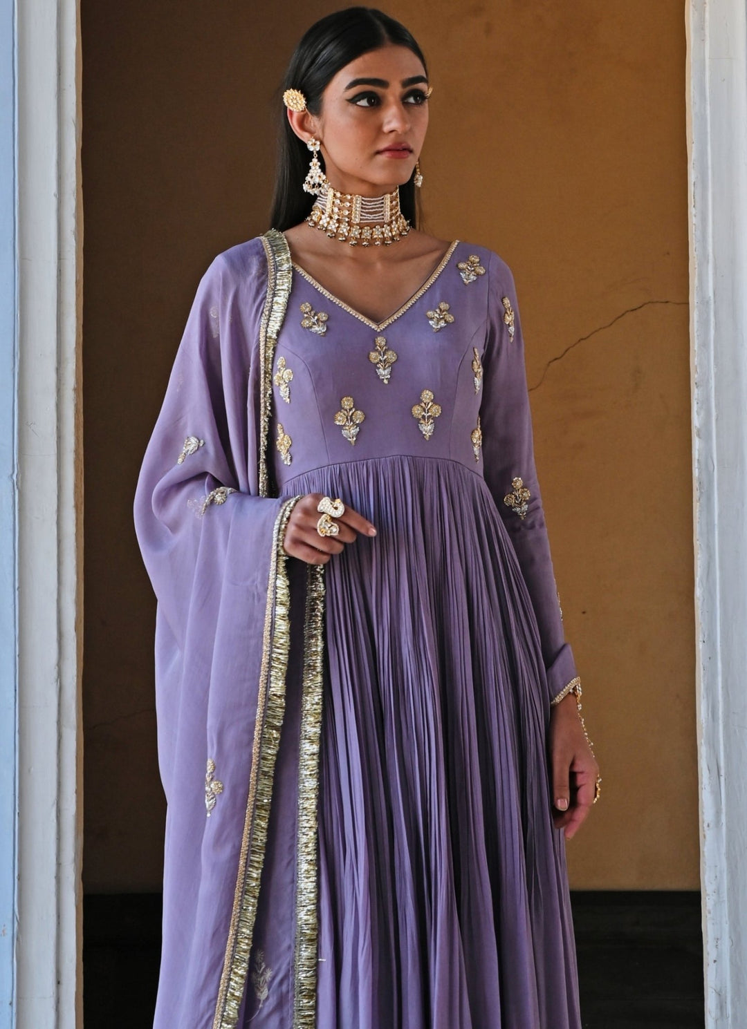 Lilac Crepe Embroidered Floor - Length Anarkali With Dupatta Ease - Fabilicious Fashion