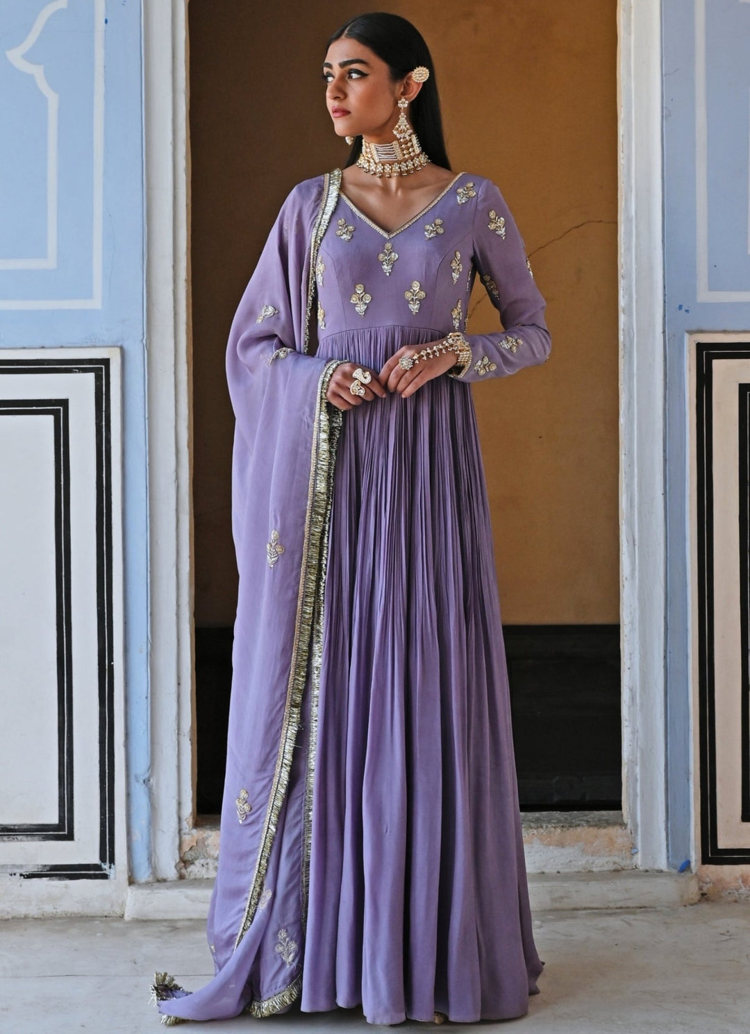 Lilac Crepe Embroidered Floor - Length Anarkali With Dupatta Ease - Fabilicious Fashion