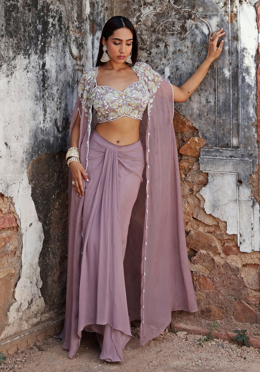 Lilac draped Skirt set with Cape Seema Thukral - Fabilicious Fashion