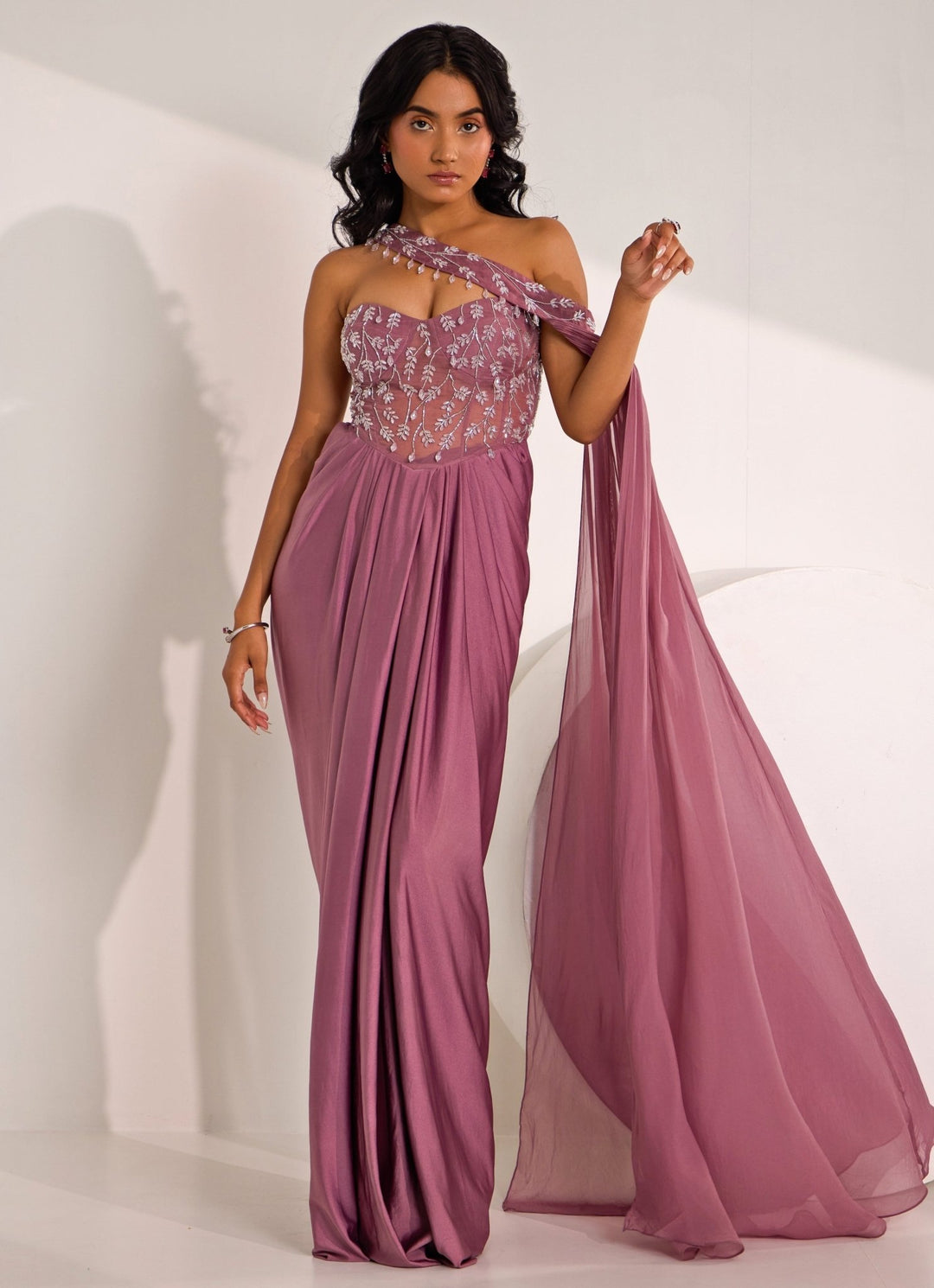 Lilac Embellished Corset Saree Gown Silky Bindra - Fabilicious Fashion