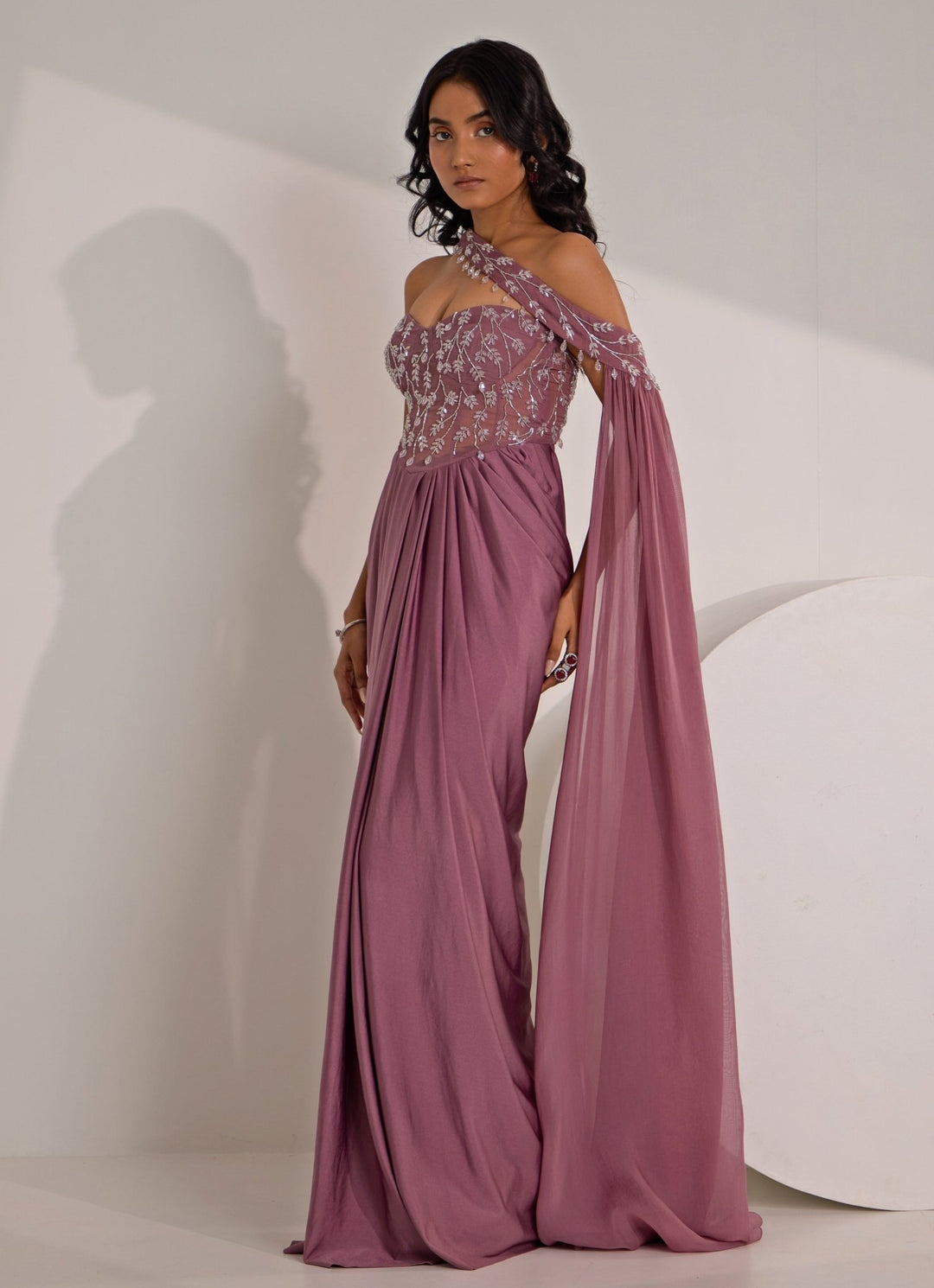 saree corset dress Beige Satin Pre Draped Saree With Embroidered Corset Blouse