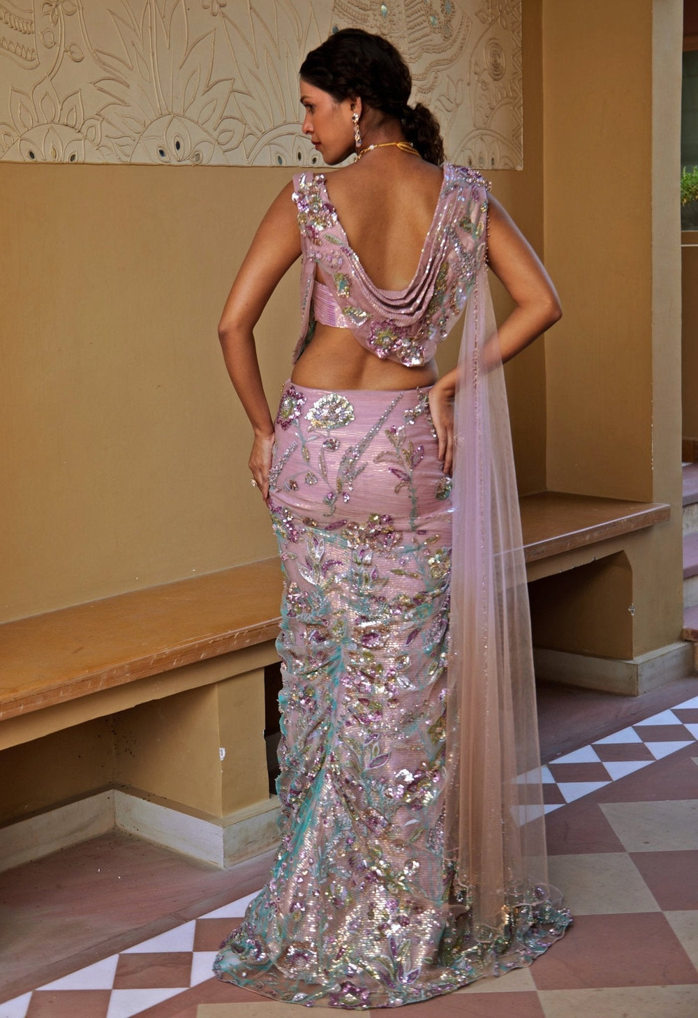 Lilac Embroidered And Pre - Draped Net Skirt Saree Moledro - Fabilicious Fashion
